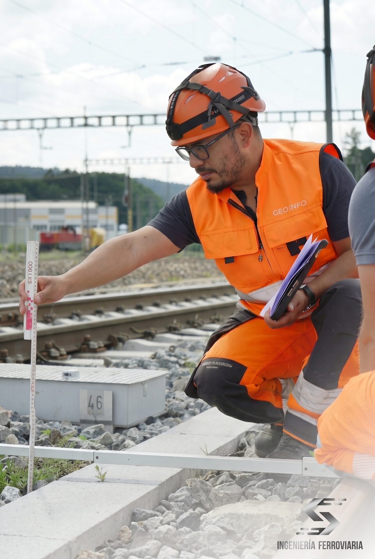 Ingeniero midiendo geometría de vía junto a las traviesas